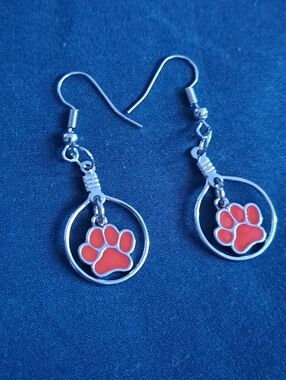 Silver Red Paw Print Hoop Earrings